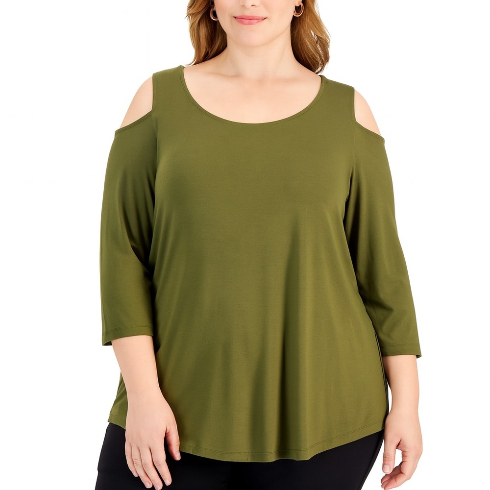 Jm Collection Plus Size 3/4-Sleeve Cold-Shoulder Top Women's Size 2X Avocado